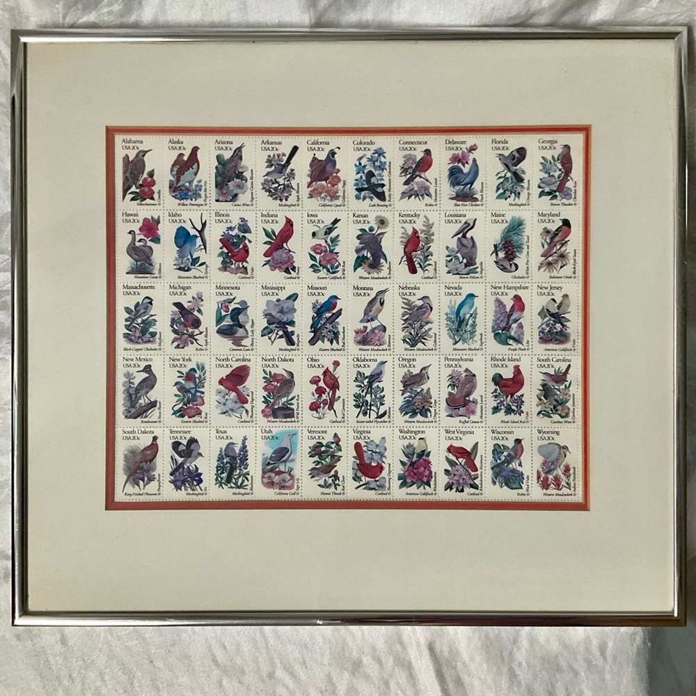 Vintage USPS 50 States Birds & Flowers 20 cent Stamps - Matted & Framed